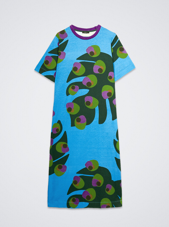 Leaf Print Midi Dress, Blue, hi-res