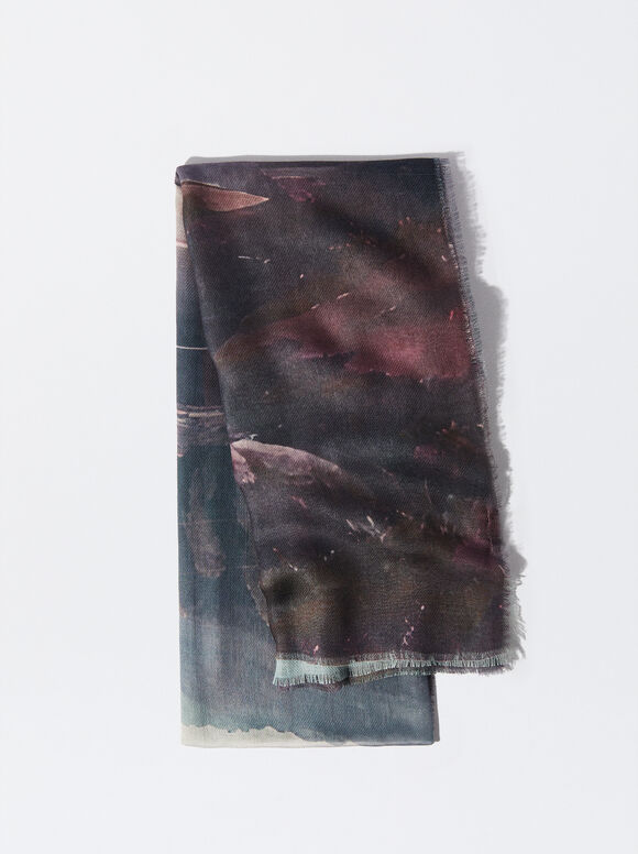 Printed Scarf, Brown, hi-res