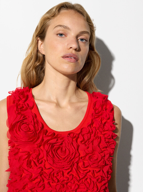 Floral Knit Top, Red, hi-res