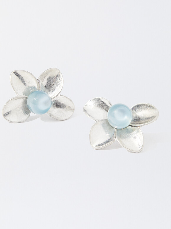 Flower Earrings With Stone, Grey, hi-res