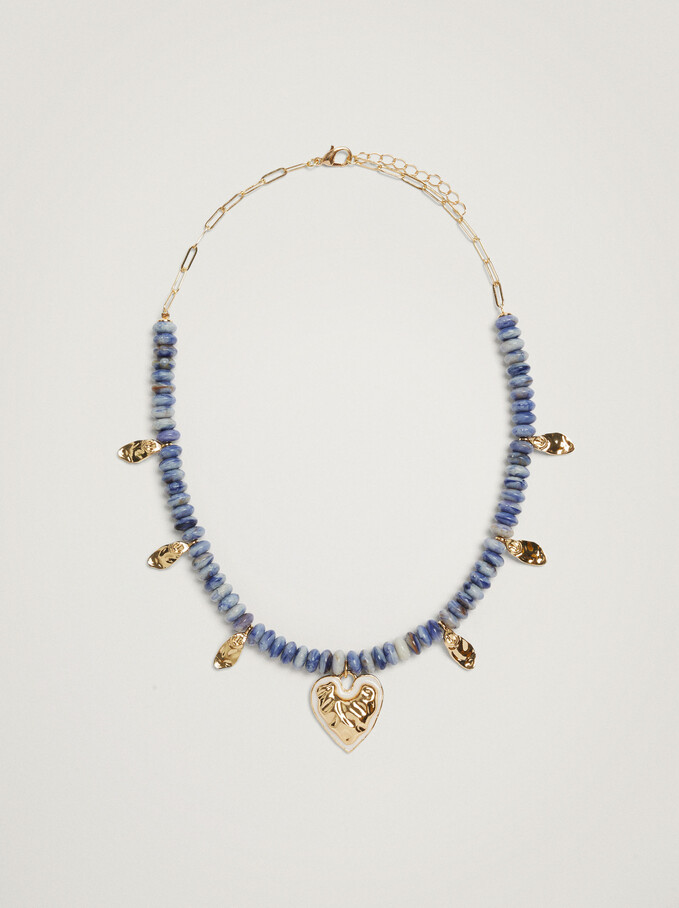 Short Necklace With Heart And Beads, Blue, hi-res