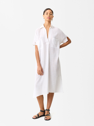 Cotton Shirt Dress, White, hi-res