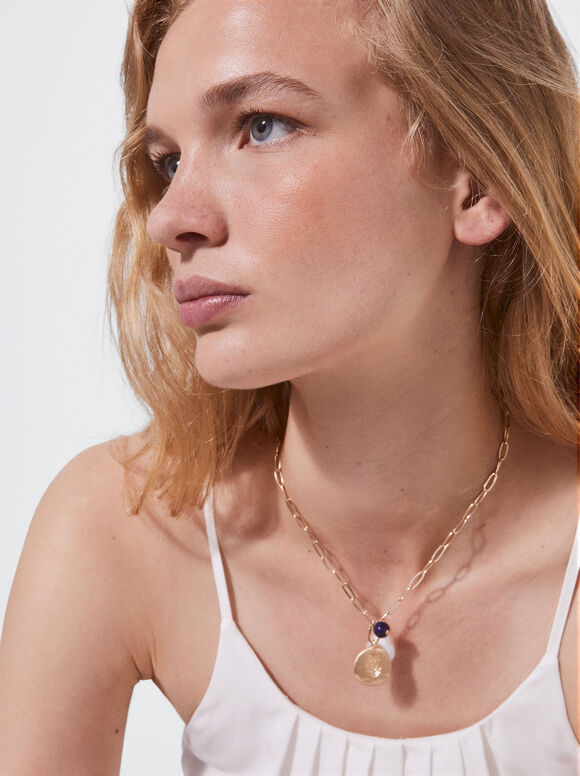 Leaf-Charm Necklace, Navy, hi-res