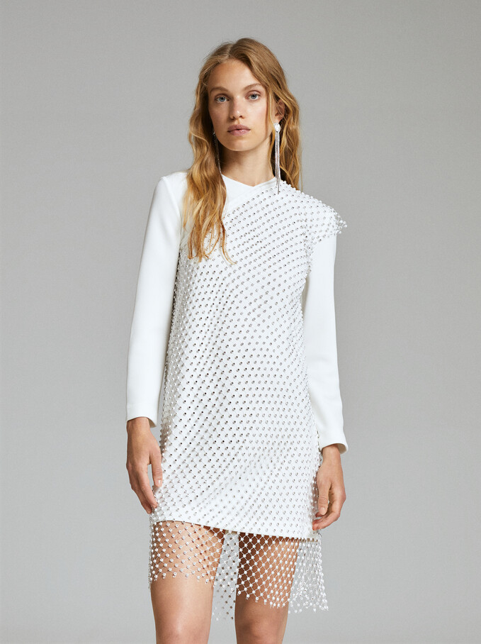 Asymmetric Dress Embellished With Rhinestones, White, hi-res