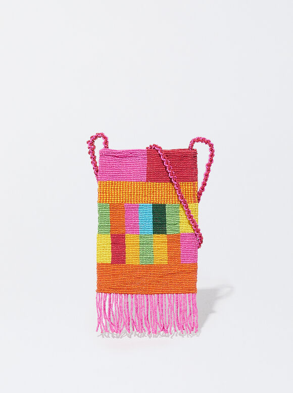 Bolso Para Móvil Con Abalorios, Rosa, hi-res
