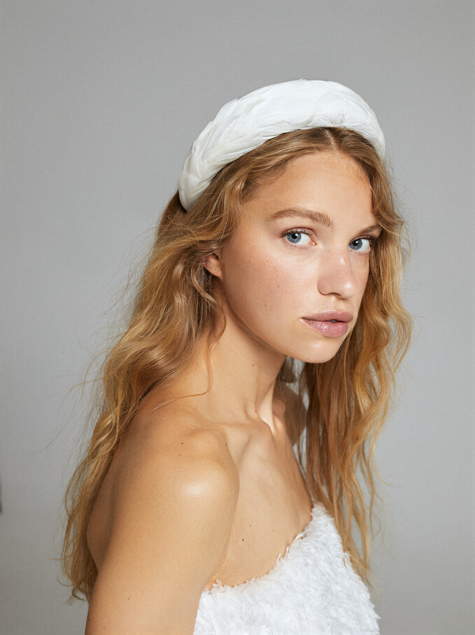 Wide Headband With Feathers, White, hi-res