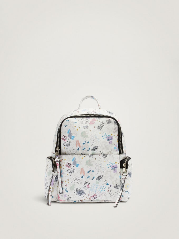 Printed Backpack With Outer Pockets, White, hi-res