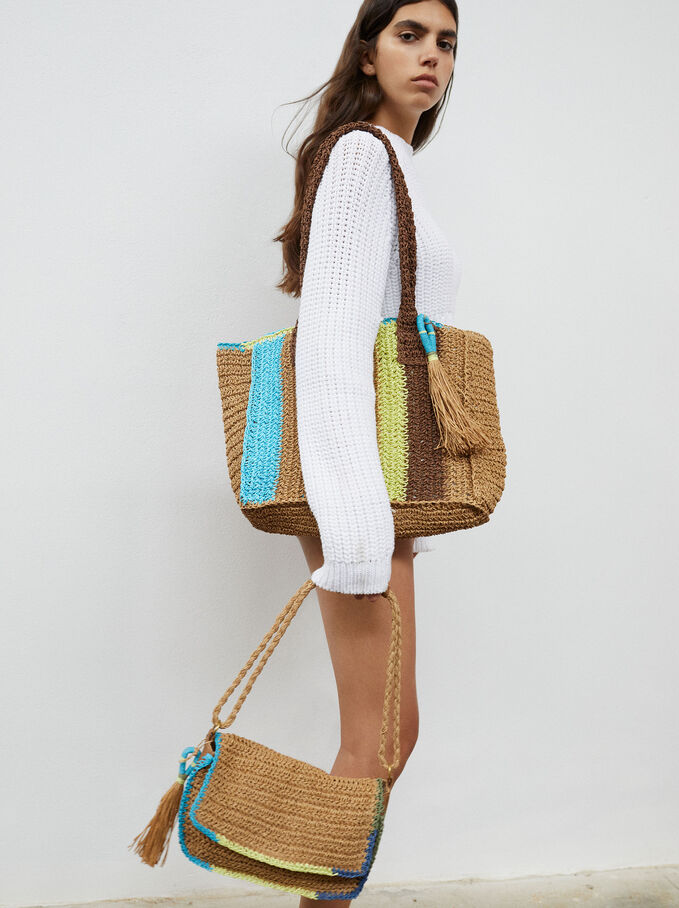 Multicoloured Shopper Bag With Pendant, Beige, hi-res