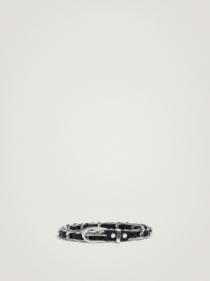 Contrasting Belt With Metal Chain, Black, hi-res