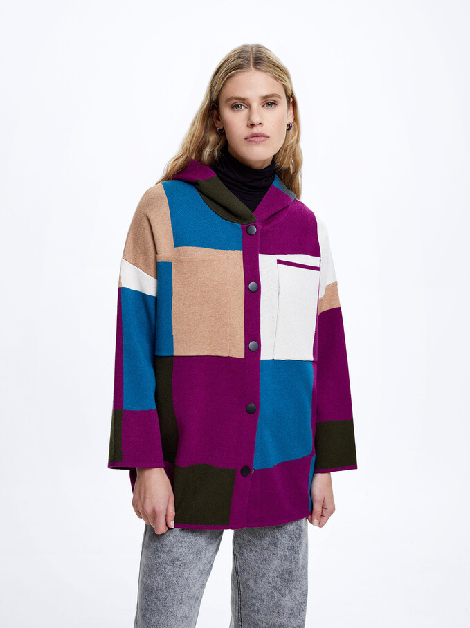Colour Block Knit Cardigan, Multicolor, hi-res