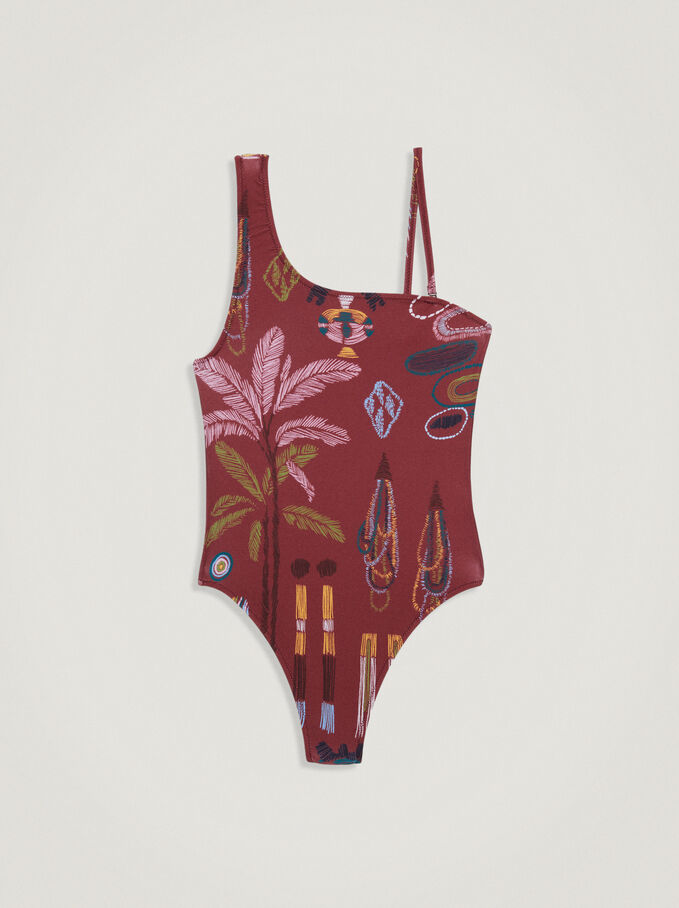 Asymmetric Swimsuit, Red, hi-res