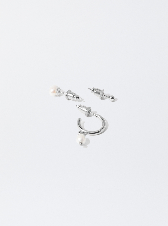 Set Of Earrings With Freshwater Pearls, Silver, hi-res