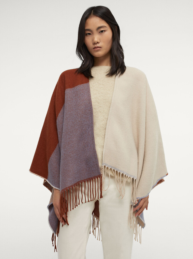Knit Poncho With Fringes, Brown, hi-res