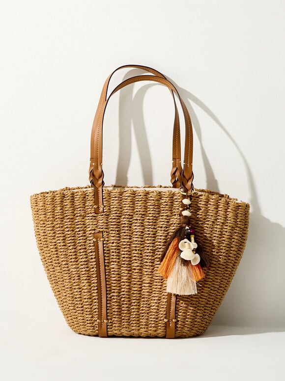 Straw Effect Shopper Bag With Pendant L, NC, hi-res