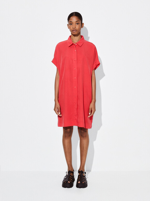 Lyocell Shirt Dress, Red, hi-res