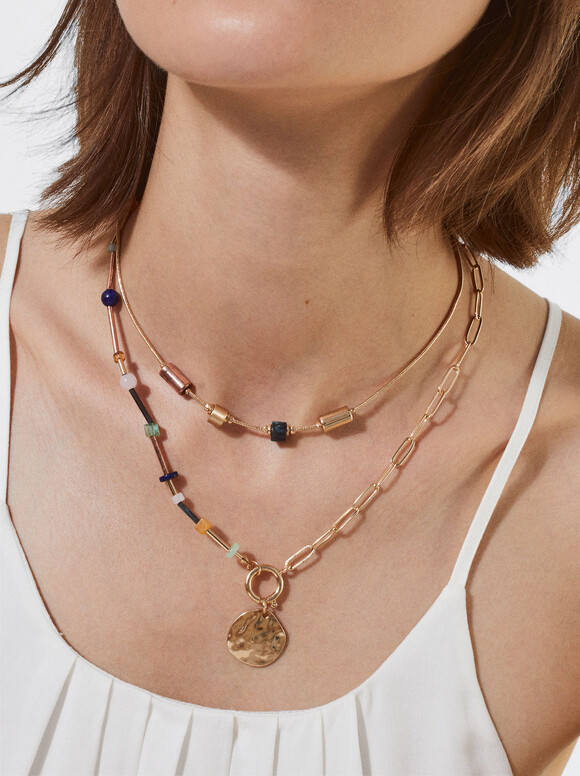 Golden Necklace With Stone, Multicolor, hi-res
