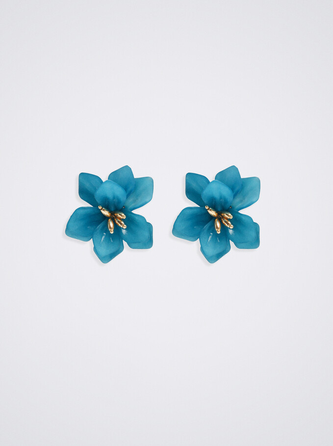 Boucles D'Oreilles Longues Fleur, Bleu, hi-res