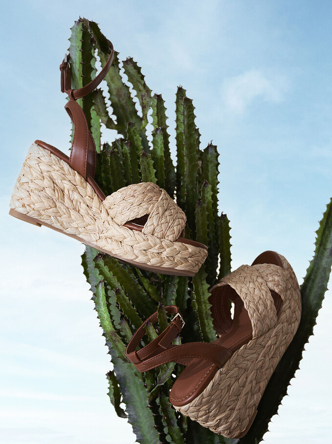 Raffia Wedge Sandals, Beige, hi-res