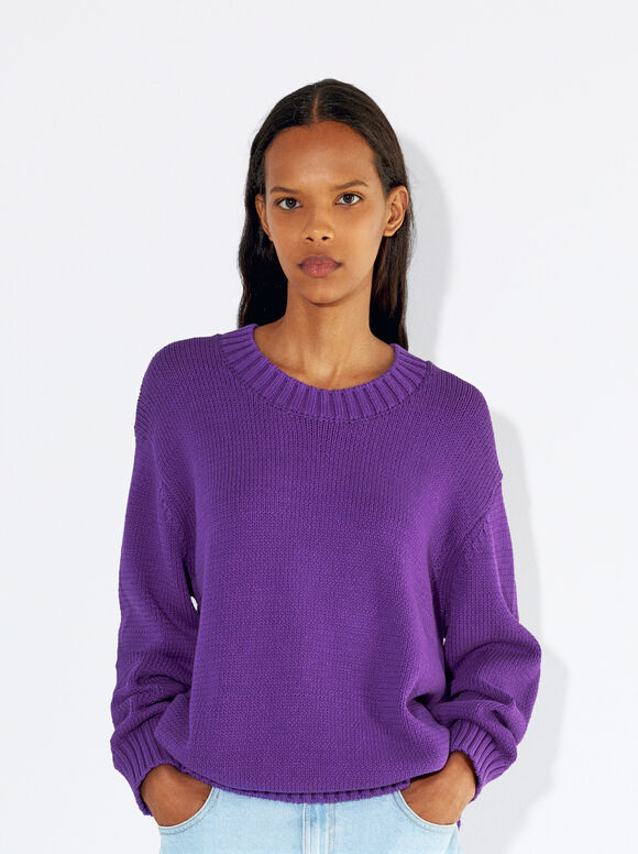 Round-Neck Knit Sweater, Purple, hi-res