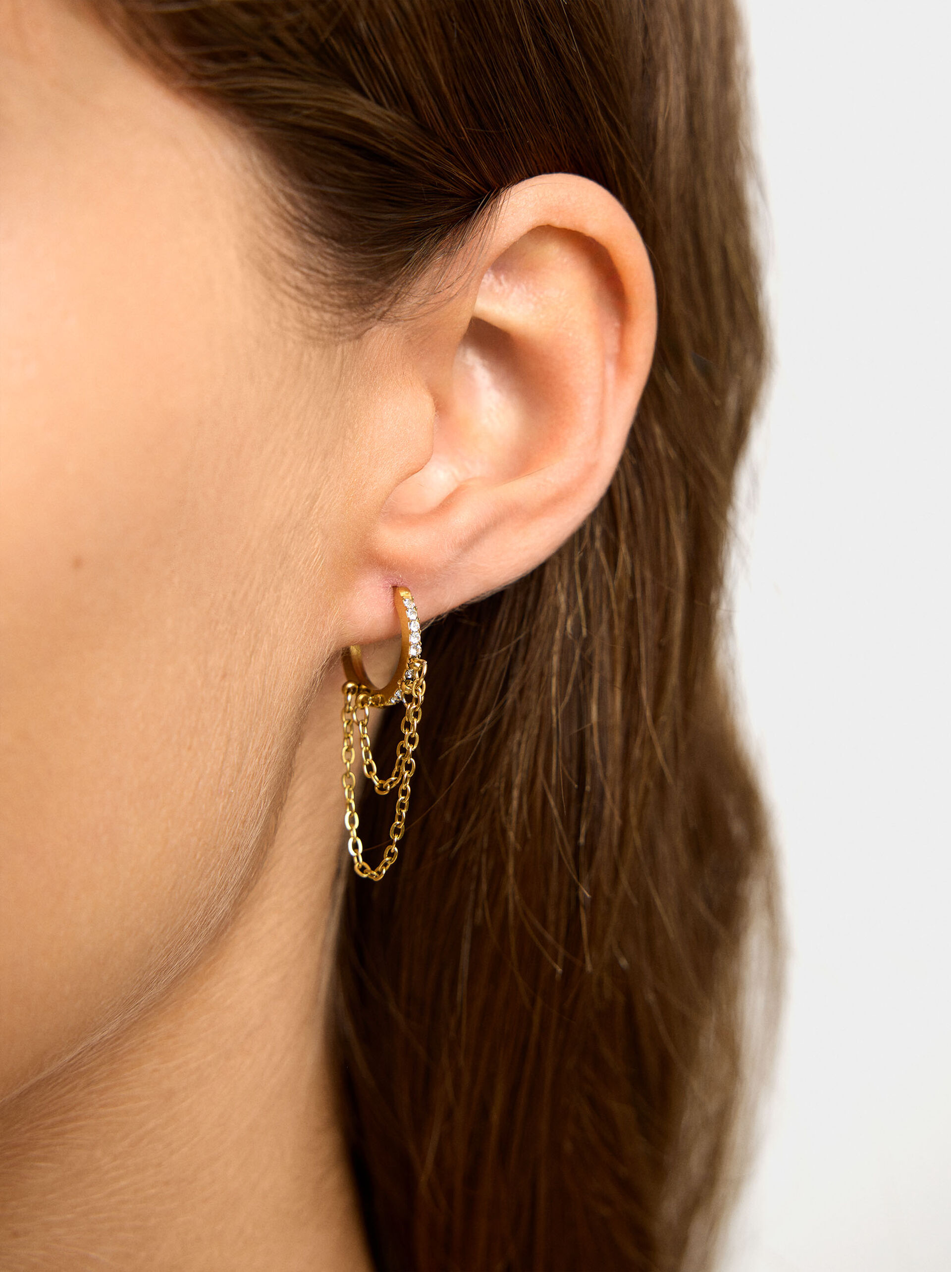 Single hoop with chains and crystals - stainless steel image number 1.0