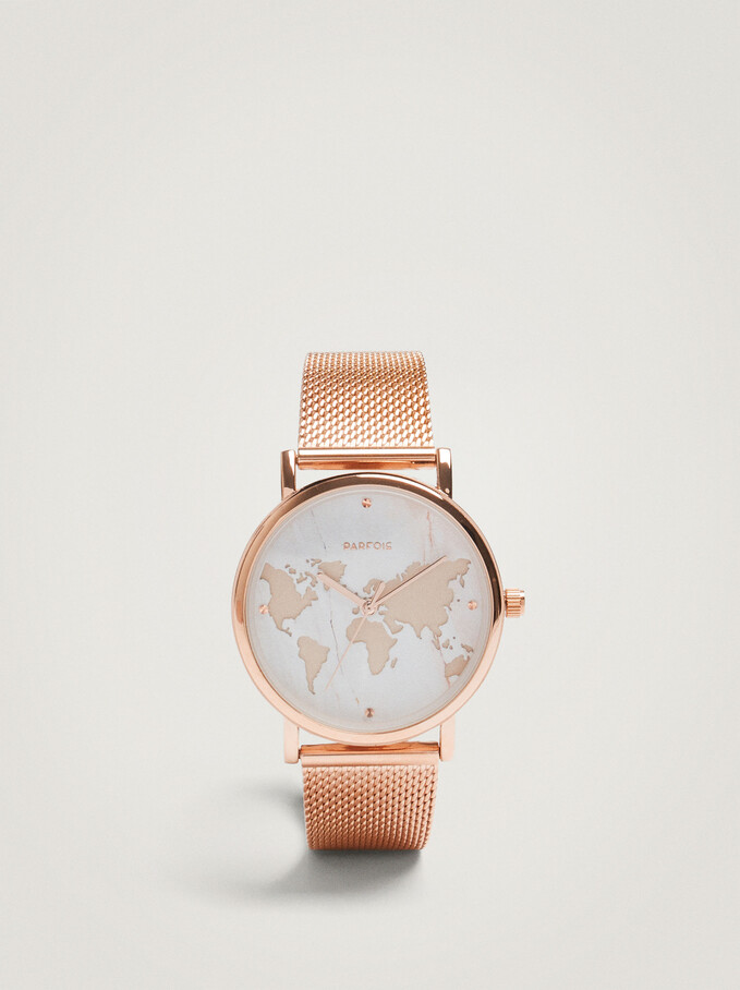 Watch With Steel Strap And World Map Face, Orange, hi-res
