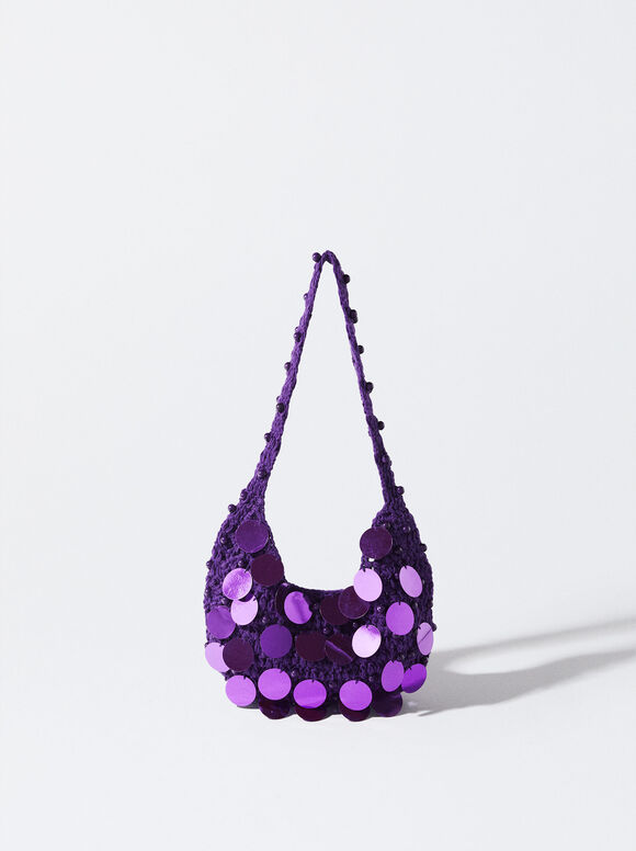 Crochet Shoulder Bag With Beading, Purple, hi-res