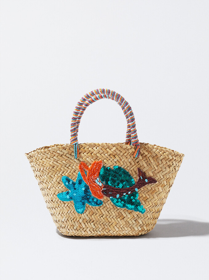 Straw Tote Bag With Beads And Sequins, Ecru, hi-res