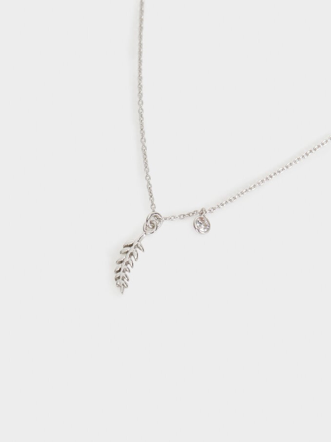 Silver 925 Short Leaf Necklace With Zirconia, Silver, hi-res