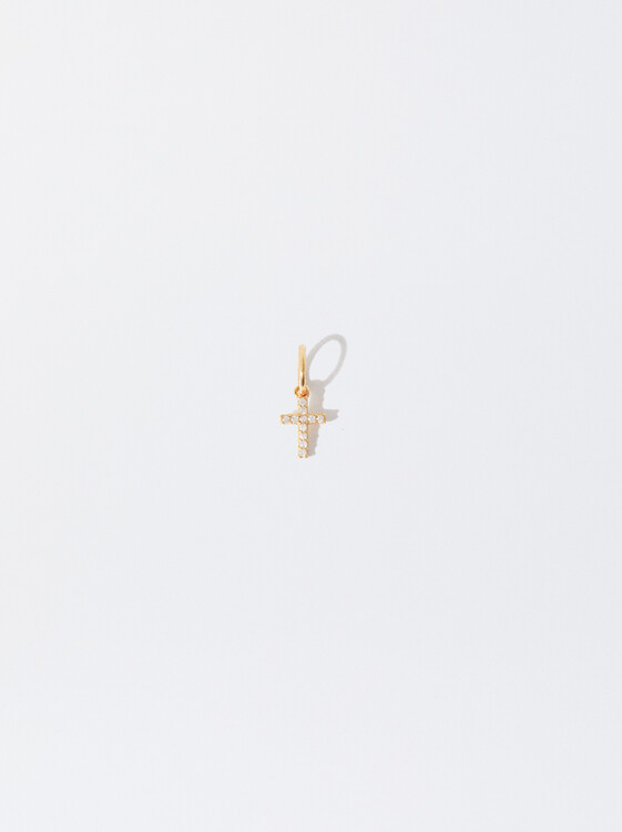 925 Silver Zirconia Cross Charm, Golden, hi-res