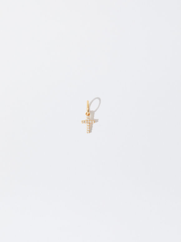 925 Silver Zirconia Cross Charm, Golden, hi-res