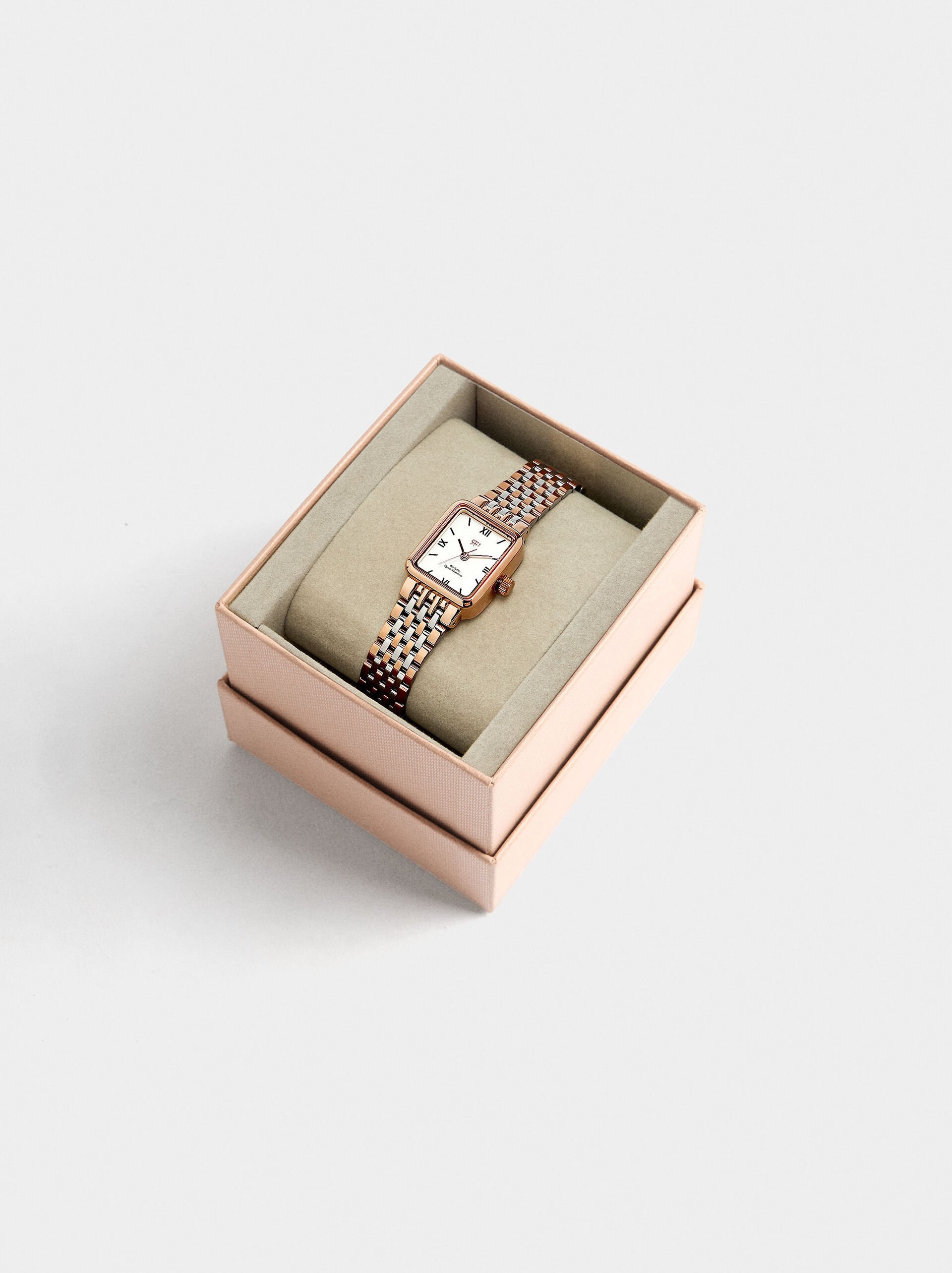 Square watch with a stainless steel bracelet image number 3.0