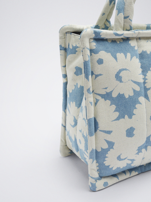 Floral Print Denim Tote Bag, Blue, hi-res