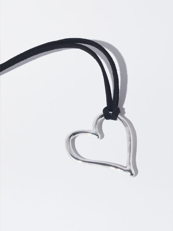 Cord Neckalace With Heart, Silver, hi-res