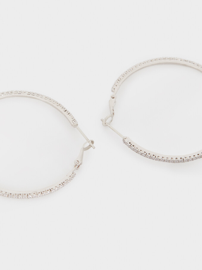 Large Hoop Earrings With Crystals, Silver, hi-res