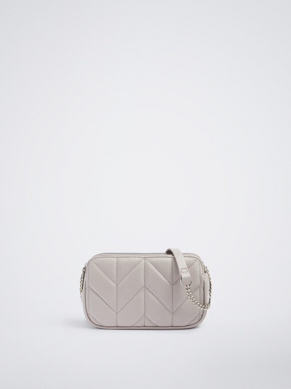 Quilted Crossbody Bag With Chain, White, hi-res