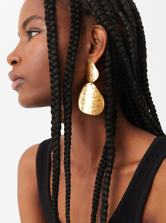 Long Earrings With Hammered Effect, Golden, hi-res