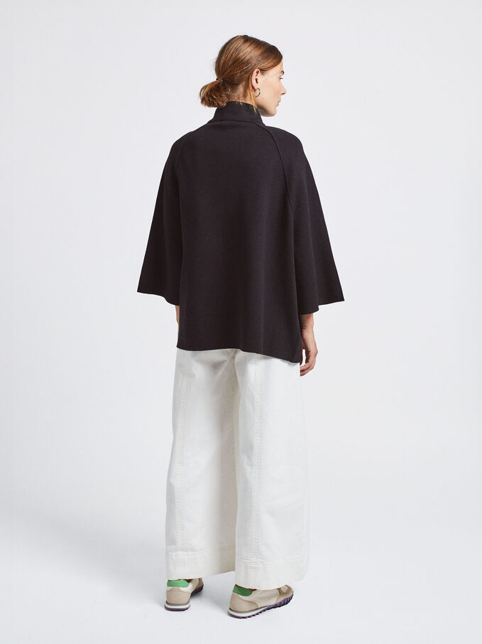 Knit Poncho With High Neck, Black, hi-res