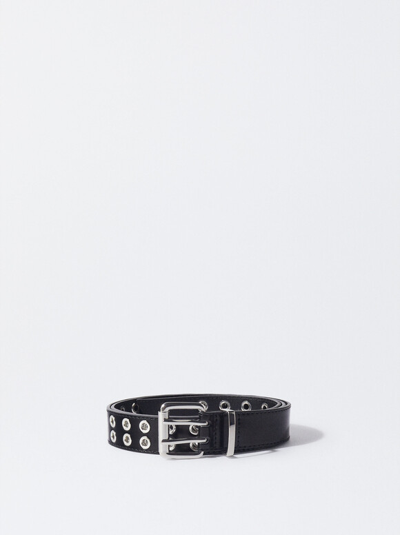Belt With Eyelets And Square Buckle, Black, hi-res