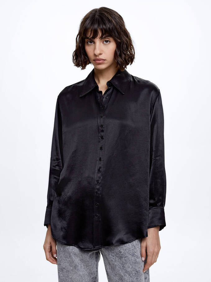Long-Sleeved Satin Shirt, Black, hi-res