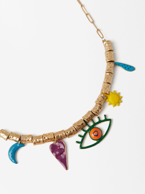 Golden Necklace With Charms, Multicolor, hi-res
