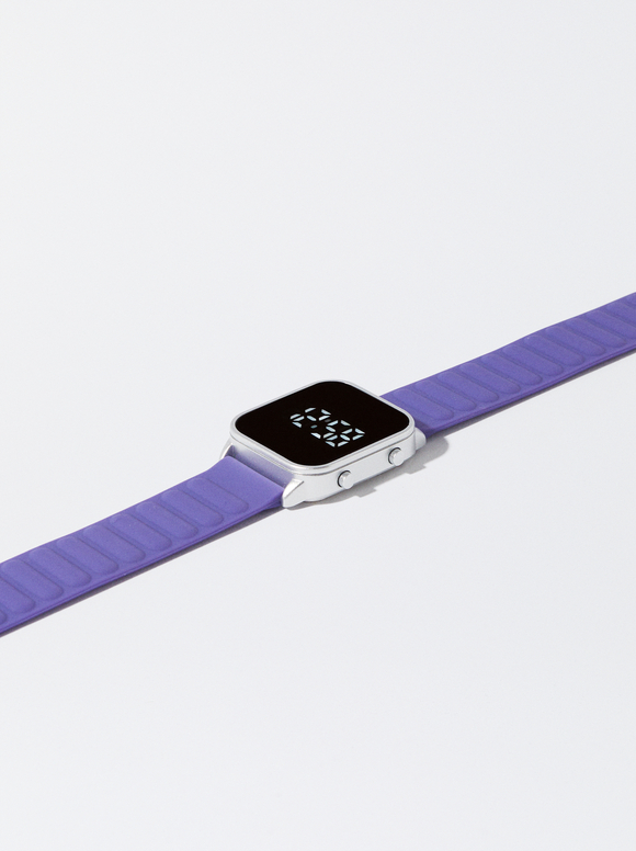 Digital Watch With Silicone Strap, Purple, hi-res