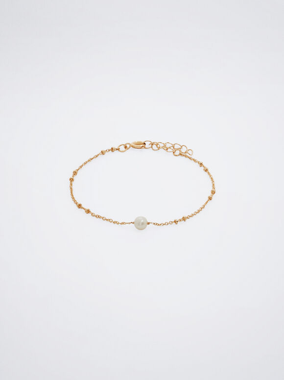 Pulsera Dorada Con Perla, Dorado, hi-res