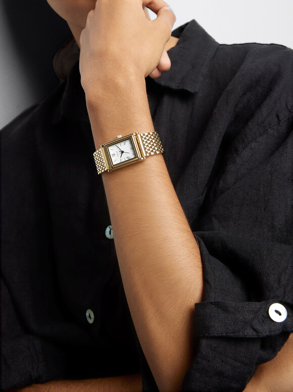 Watch With Metallic Mesh Strap, Golden, hi-res