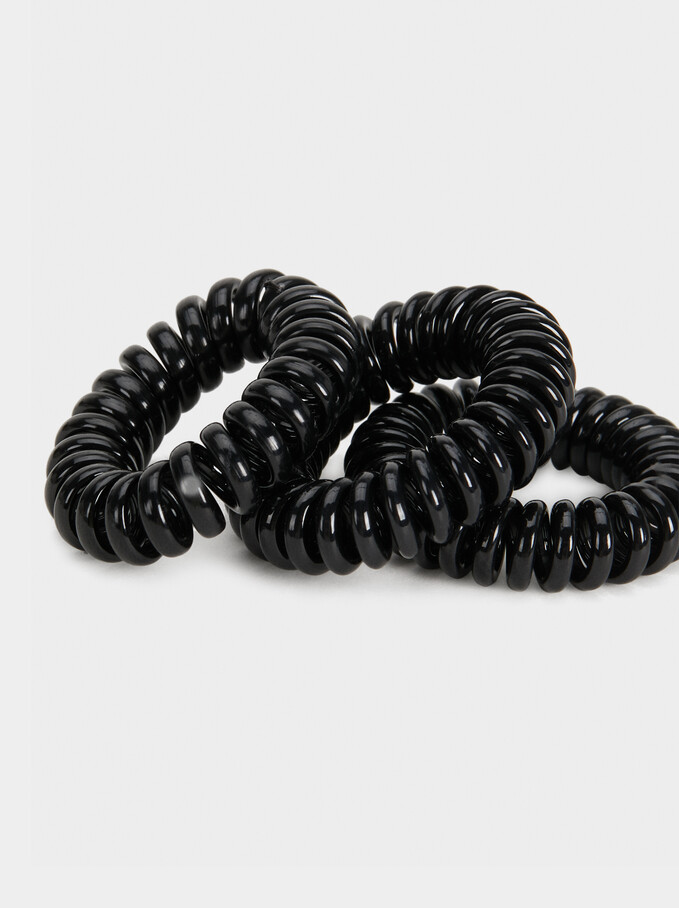 Set Of Basic Spiral Hair Ties, Black, hi-res