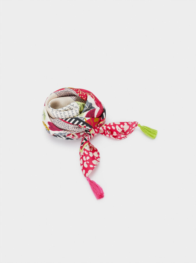 Printed Square Neckerchief Made From Recycled Materials, Pink, hi-res