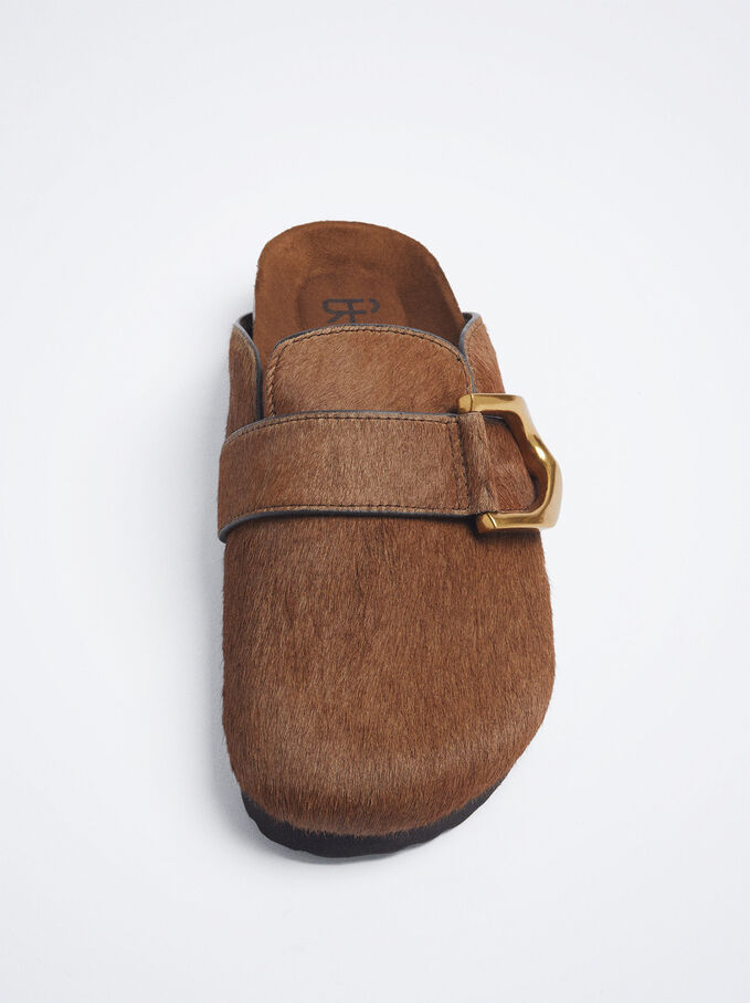 Fur Clogs With Buckle, Brown, hi-res