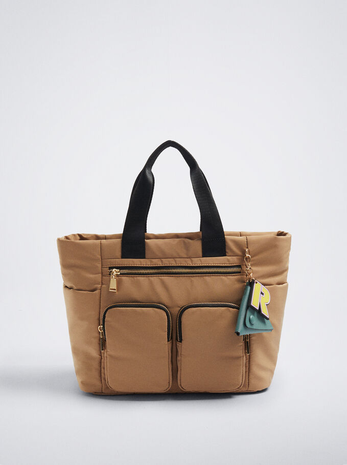 Nylon Shopper Bag With Pendant, Camel, hi-res