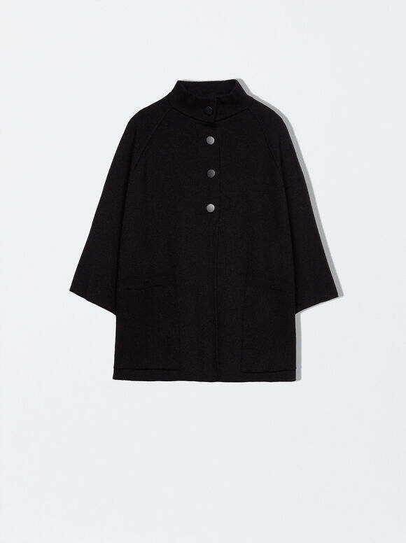 Knitted Poncho With Buttons, Black, hi-res