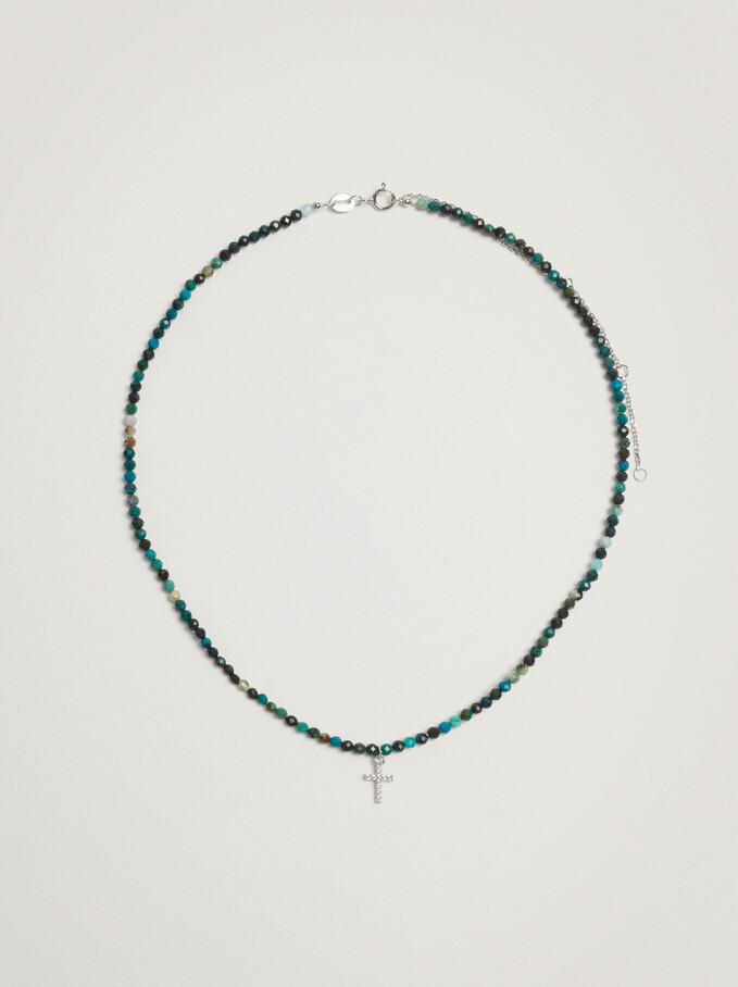Short 925 Silver Cross Necklace, Green, hi-res