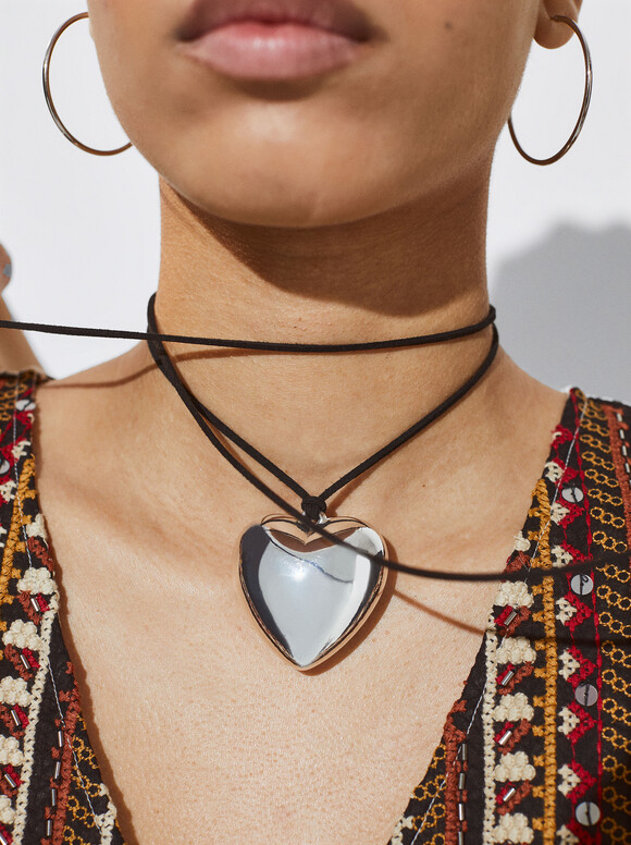 Collana In Corda Con Cuore, Nero, hi-res